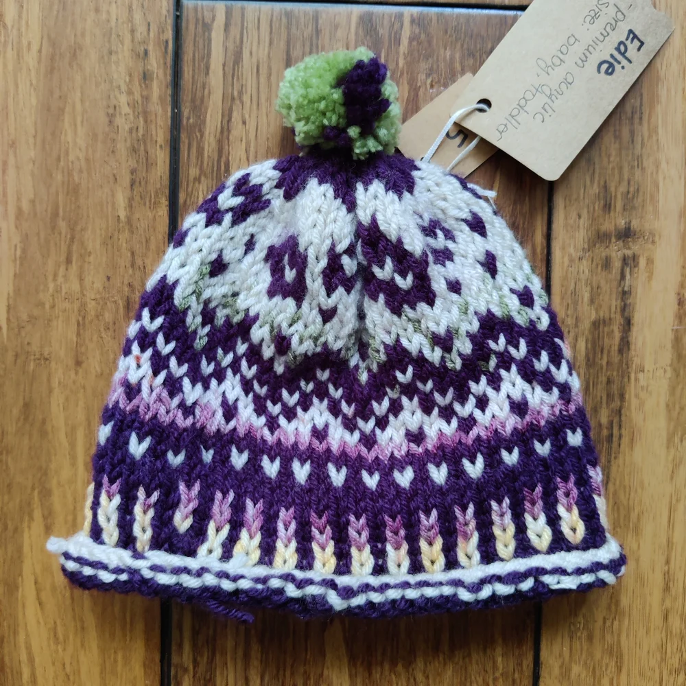 NWT Handmade Knit Beanie - Purple & White Fair Isle Pom Pom Winter Hat